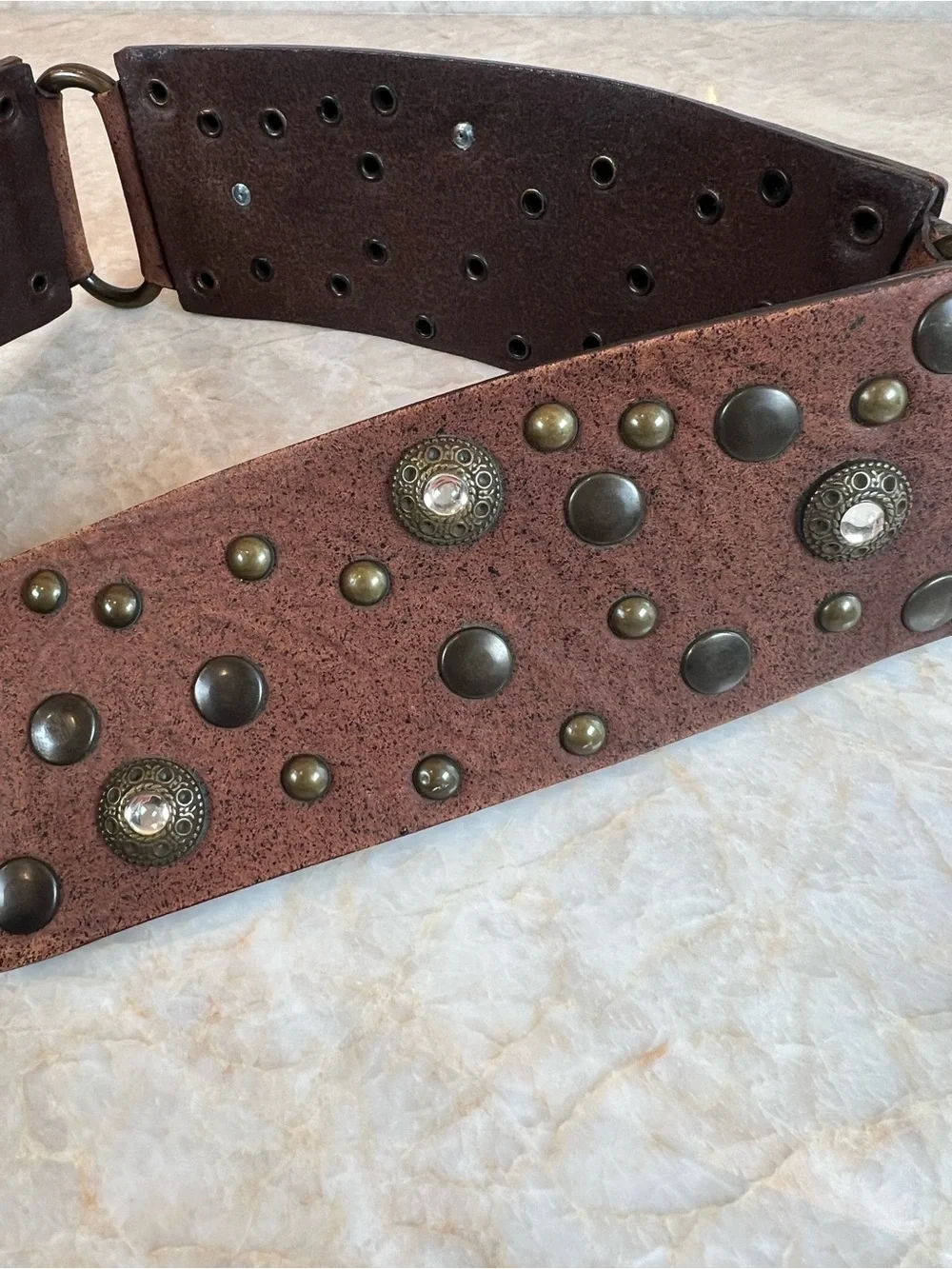 Nanny (Made in Italy) Brown Studded Leather Belt with Antique Brass Buckle